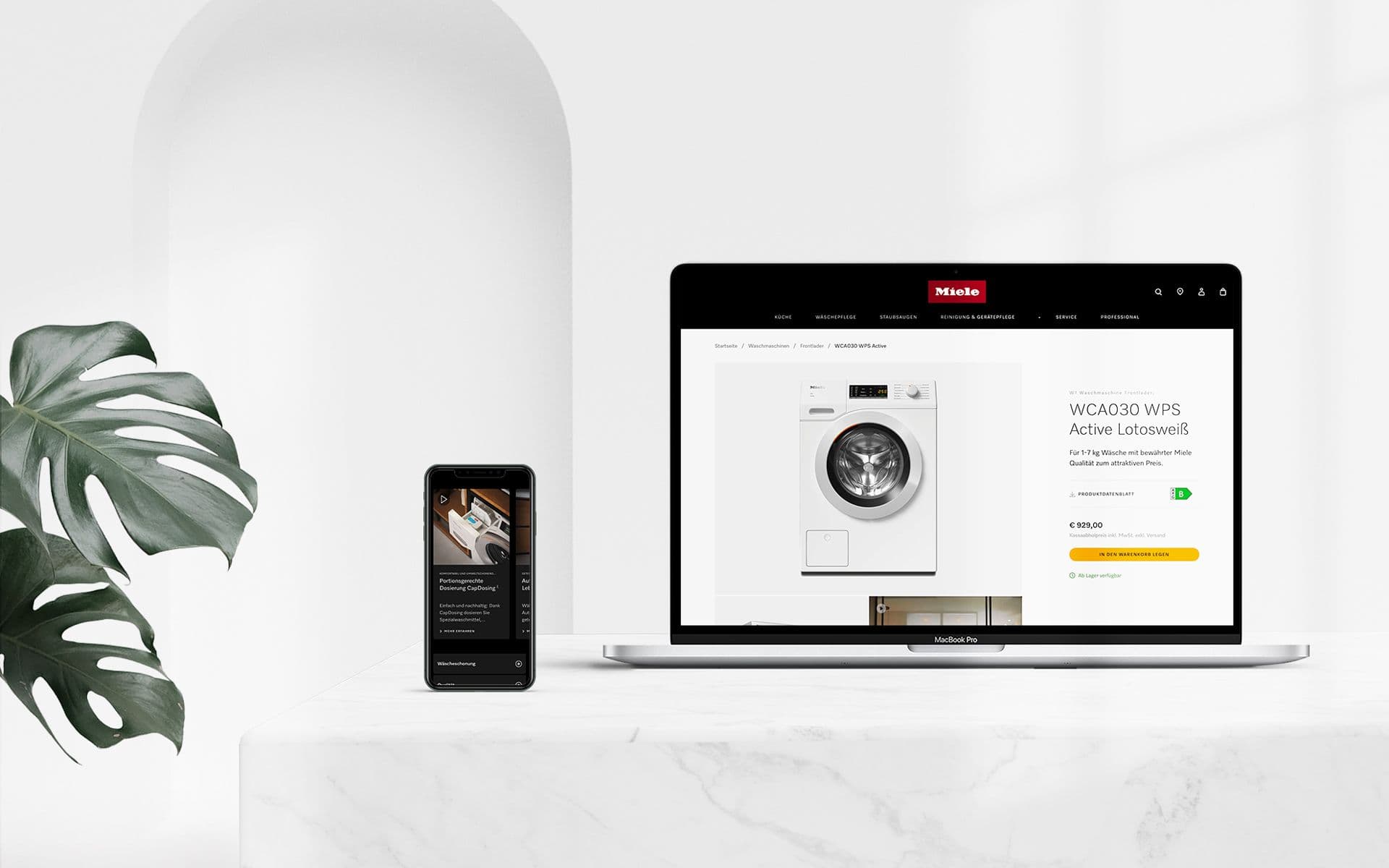 Mobile-first und barrierefreier Miele Online Shop – Mockup zeigt Waschmaschinen-Produktseite auf Desktop und Smartphone