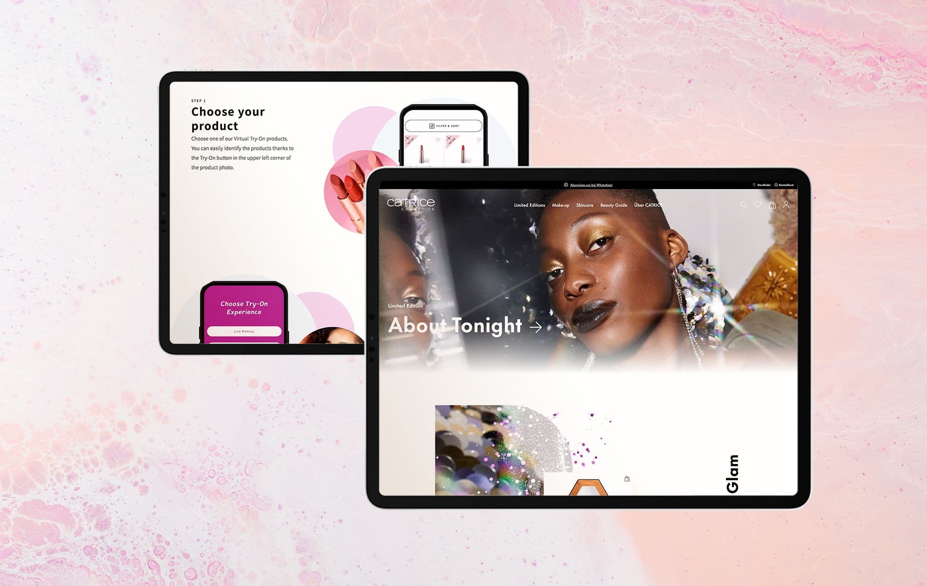 Hero-Bild zweier Tablets mit der Catrice Cosmetics Website, entwickelt mit flexibler Komponentenbibliothek und Atomic Design Ansatz von Robin, Freelance Frontend Engineer